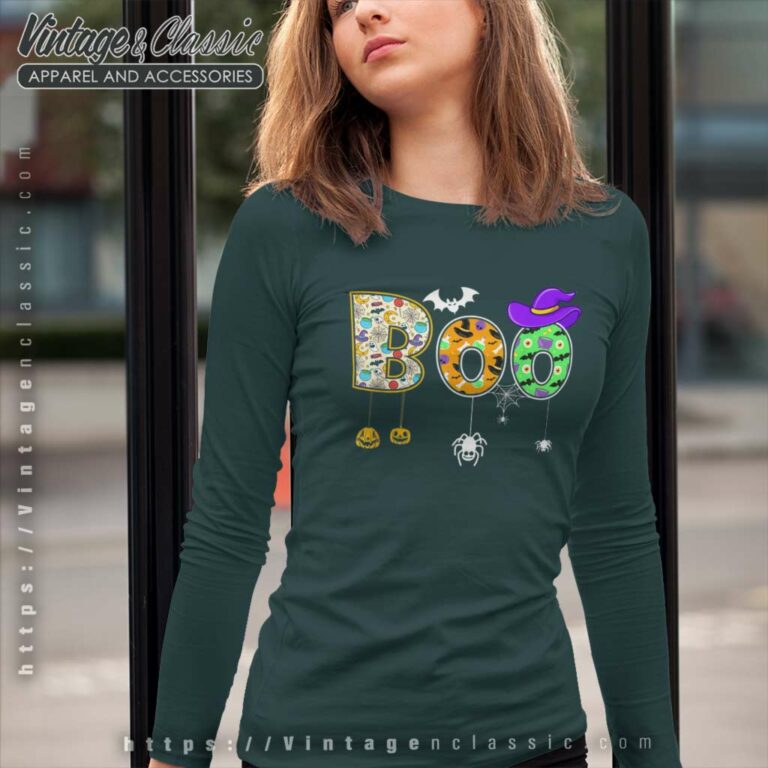 Boo Halloween Spiders Ghosts Pumpkin And Witch Hat Long Sleeve Tee Boo Halloween Spiders Ghosts Pumpkin And Witch Hat Long Sleeve Tee