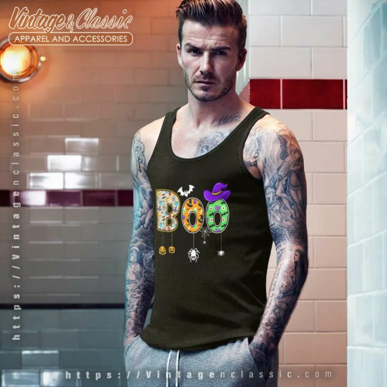 Boo Halloween Spiders Ghosts Pumpkin And Witch Hat Tank Top Racerback Boo Halloween Spiders Ghosts Pumpkin And Witch Hat Tank Top Racerback