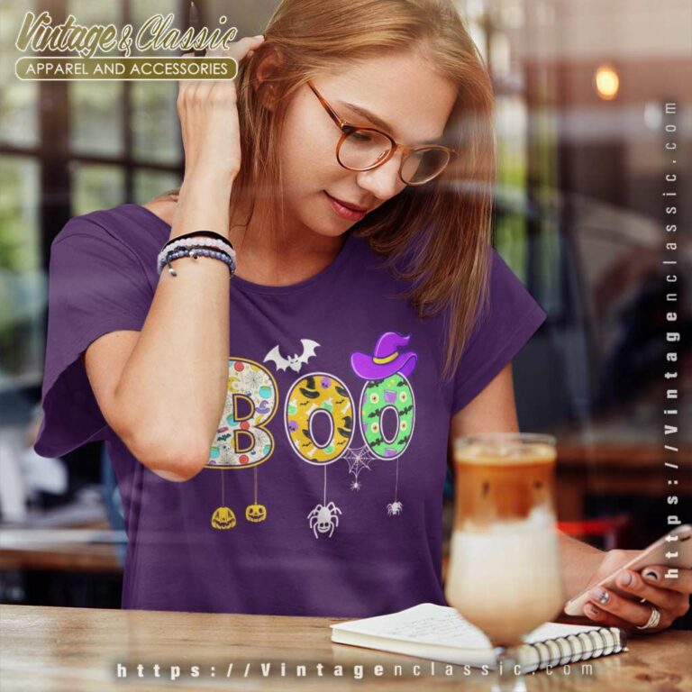 Boo Halloween Spiders Ghosts Pumpkin And Witch Hat Women TShirt Boo Halloween Spiders Ghosts Pumpkin And Witch Hat Women TShirt