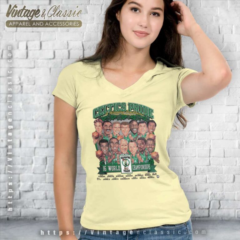 Boston Celtics Pride 50 Years Caricature V Neck TShirt Boston Celtics Pride 50 Years Caricature V Neck TShirt