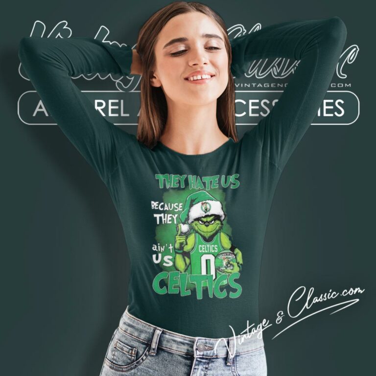 Boston Celtics Santa Grinch They Hate Us Because They Aint Us Long Sleeve Tee Boston Celtics Santa Grinch They Hate Us Because They Aint Us Long Sleeve Tee