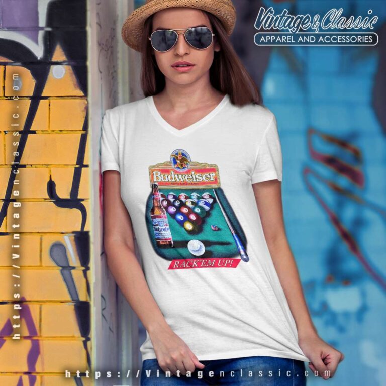Budweiser Pool Table Rack Em Up V Neck TShirt Budweiser Pool Table Rack Em Up V Neck TShirt