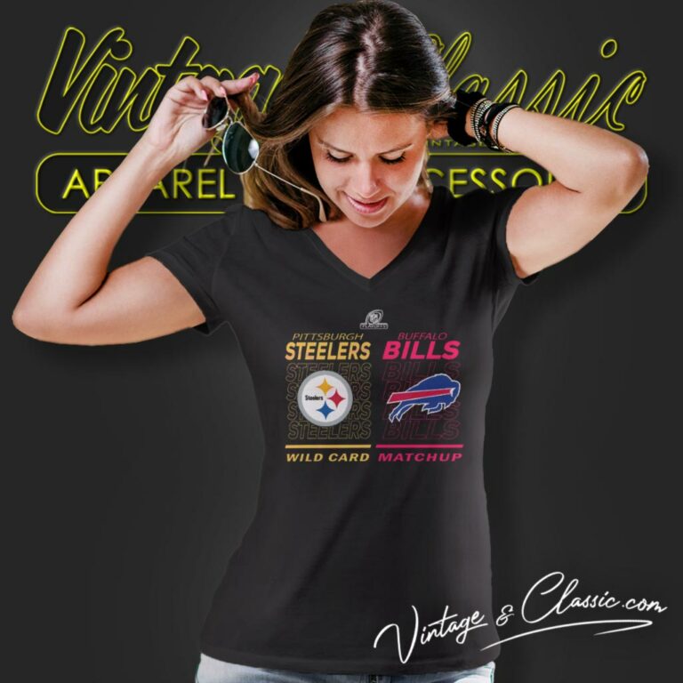 Buffalo Bills Vs Pittsburgh Steelers 2023 Nfl Wild Card Matchup V Neck TShirt Buffalo Bills Vs Pittsburgh Steelers 2023 Nfl Wild Card Matchup V Neck TShirt