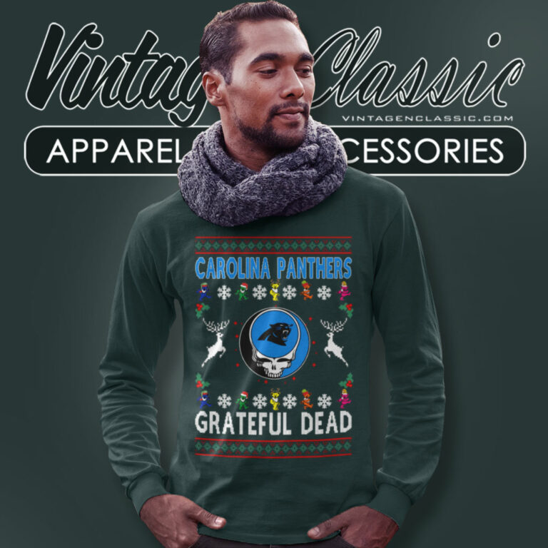 Carolina Panthers Grateful Dead Ugly Christmas Long Sleeve Tee Carolina Panthers Grateful Dead Ugly Christmas Long Sleeve Tee