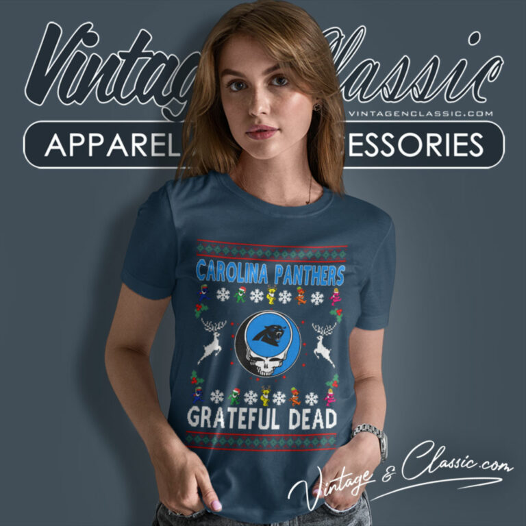 Carolina Panthers Grateful Dead Ugly Christmas Women T Shirt Carolina Panthers Grateful Dead Ugly Christmas Women T Shirt