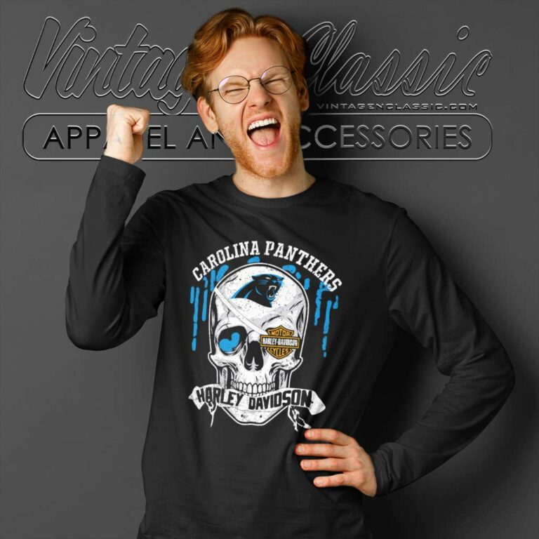 Carolina Panthers Harley Davidson Skull Long Sleeve Tee Carolina Panthers Harley Davidson Skull Long Sleeve Tee