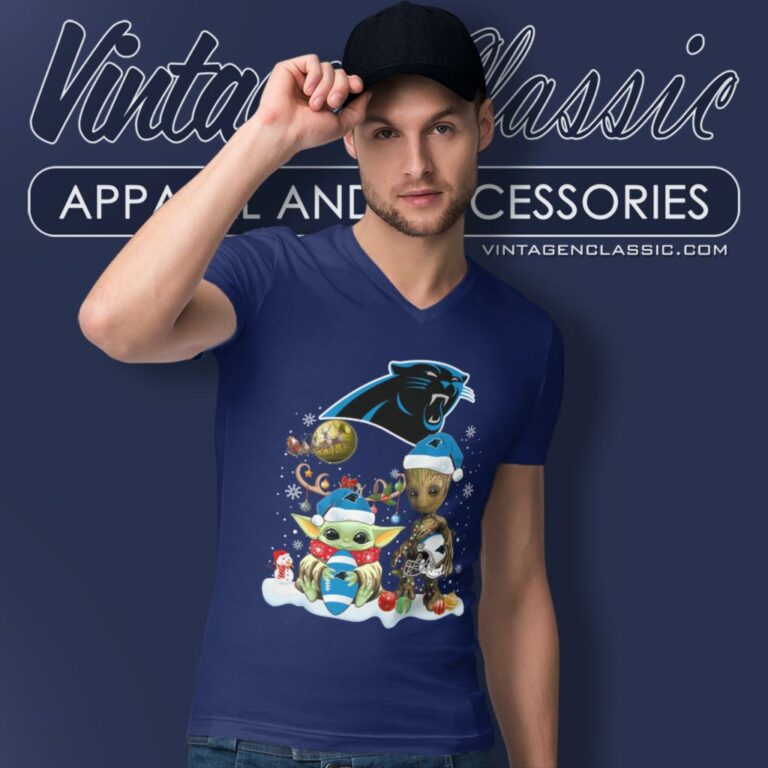 Carolina Panthers Shirt Baby Yoda And Groot Santa Christmas V Neck TShirt Carolina Panthers Shirt Baby Yoda And Groot Santa Christmas V Neck TShirt