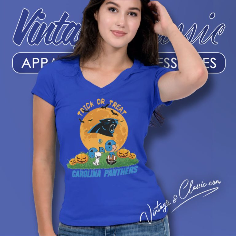 Carolina Panthers Snoopy Charlie Brown And Woodstock Trick Or Treat Halloween V Neck TShirt Carolina Panthers Snoopy Charlie Brown And Woodstock Trick Or Treat Halloween V Neck TShirt