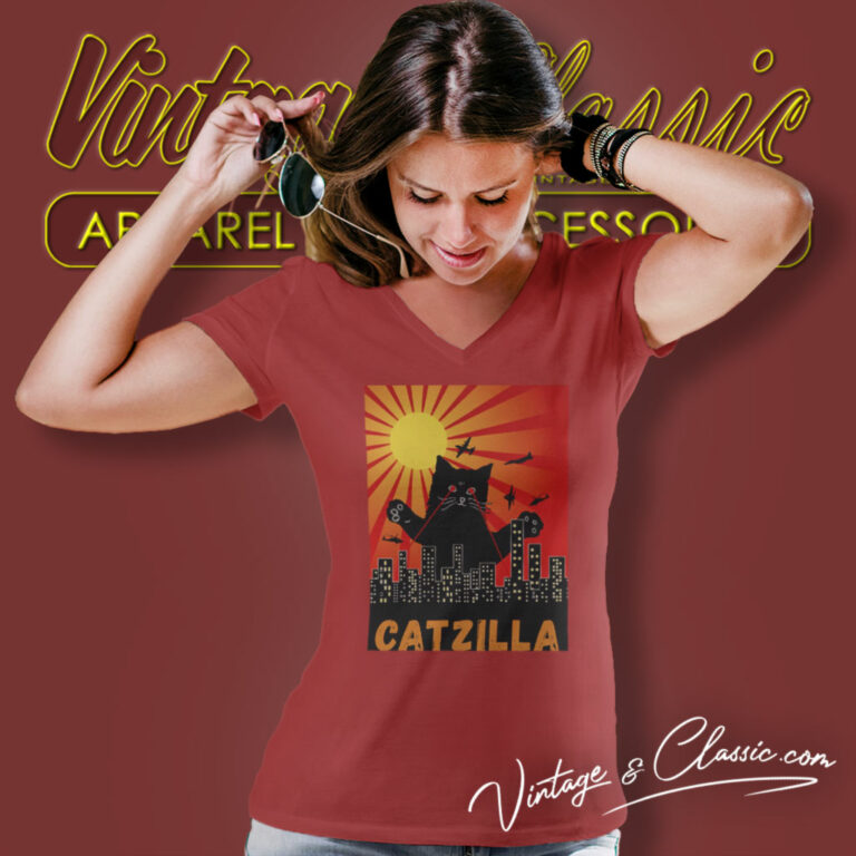 Catzilla Black Cat Parody V Neck TShirt Catzilla Black Cat Parody V Neck TShirt