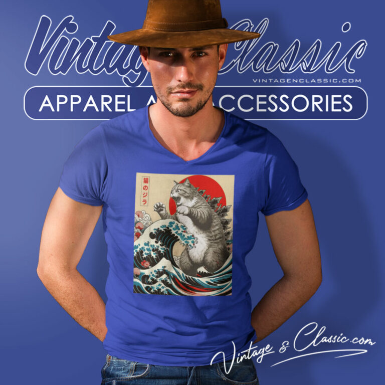 Catzilla Cat Japanese Art Funny V Neck TShirt Catzilla Cat Japanese Art Funny V Neck TShirt