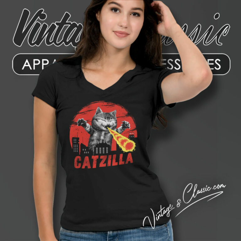 Catzilla Fire Cat Monster V Neck TShirt Catzilla Fire Cat Monster V Neck TShirt