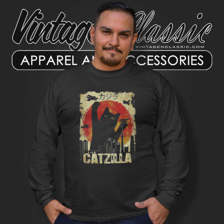 Catzilla Funny Kitten Cat Vintage Long Sleeve Tee Catzilla Funny Kitten Cat Vintage Long Sleeve Tee
