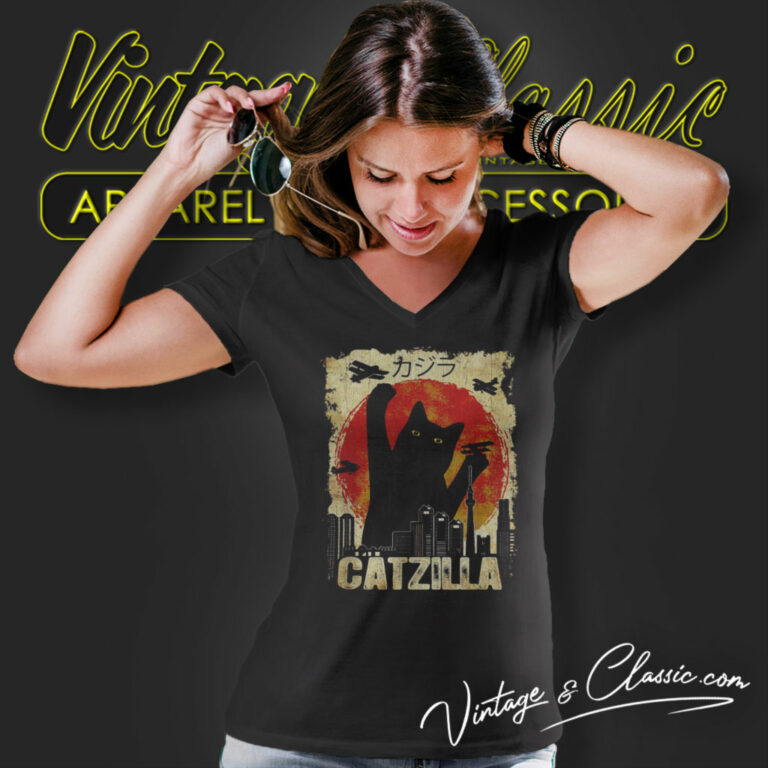 Catzilla Funny Kitten Cat Vintage V Neck TShirt Catzilla Funny Kitten Cat Vintage V Neck TShirt