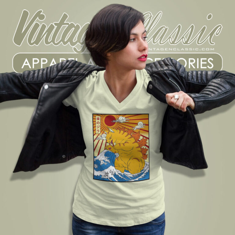 Catzilla Great Wave Of Kanagawa V Neck TShirt Catzilla Great Wave Of Kanagawa V Neck TShirt