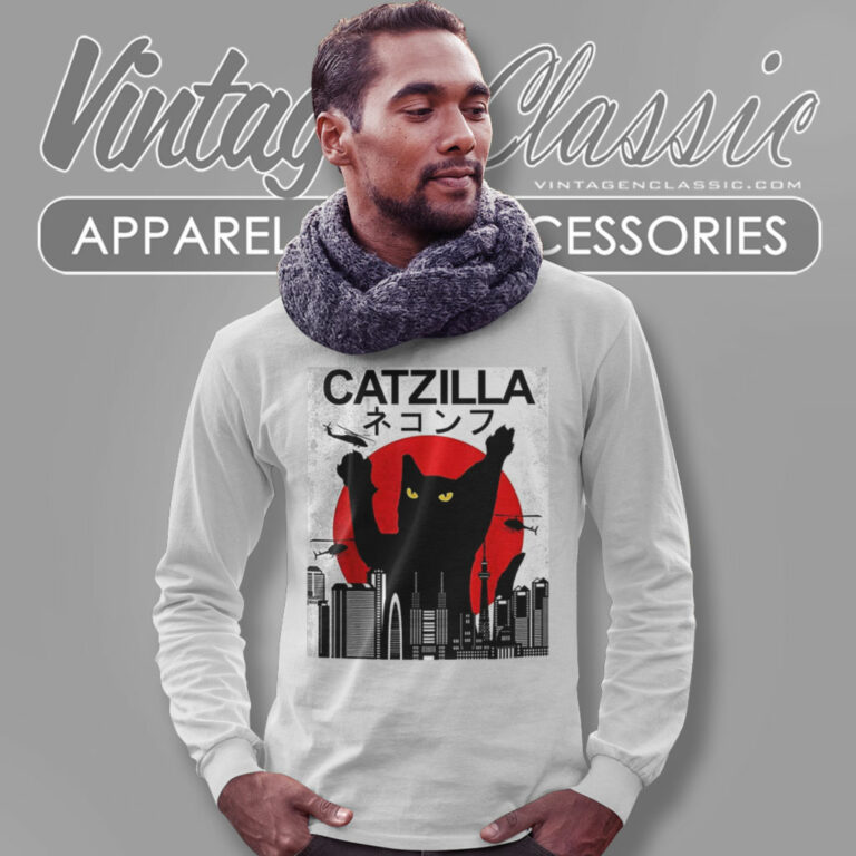 Catzilla Japanese Cat Sunset Kitten Long Sleeve Tee Catzilla Japanese Cat Sunset Kitten Long Sleeve Tee