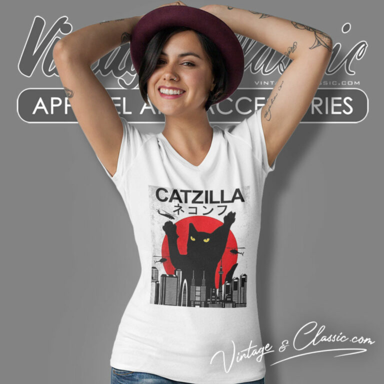 Catzilla Japanese Cat Sunset Kitten V Neck TShirt Catzilla Japanese Cat Sunset Kitten V Neck TShirt