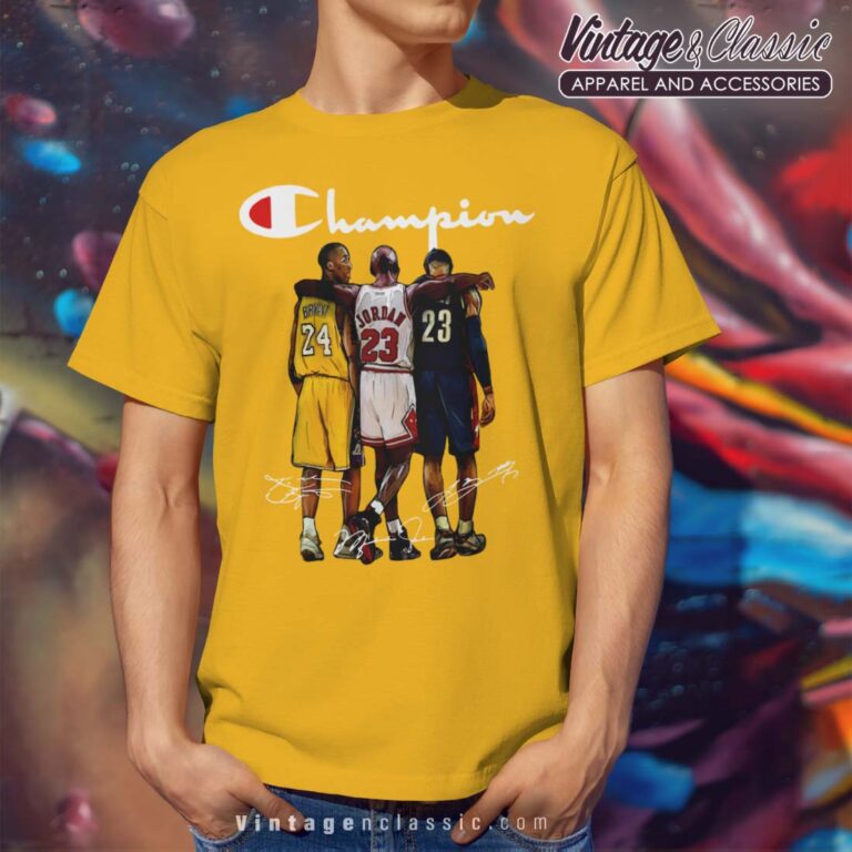 Champion LeBron James Kobe Bryant Michael Jordan Signatures Yellow T Shirt Champion LeBron James Kobe Bryant Michael Jordan Signatures Yellow T Shirt