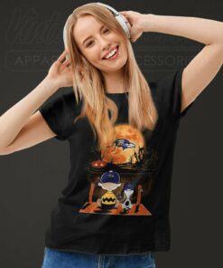 Charlie Brown And Snoopy Watching Baltimore Ravens Halloween Women TShirt