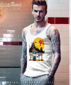 Charlie Brown Snoopy Sit Under Moon Halloween Philadelphia Phillies Logo Tank Top Racerback