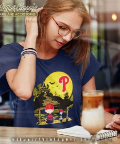 Charlie Brown Snoopy Sit Under Moon Halloween Philadelphia Phillies Logo Women TShirt