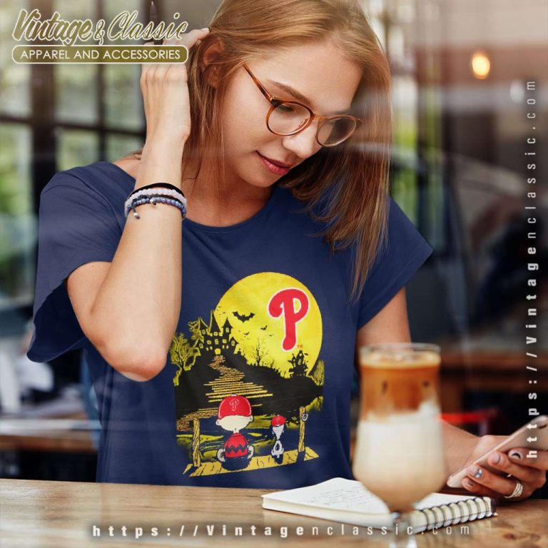 Charlie Brown Snoopy Sit Under Moon Halloween Philadelphia Phillies Logo Women TShirt Charlie Brown Snoopy Sit Under Moon Halloween Philadelphia Phillies Logo Women TShirt