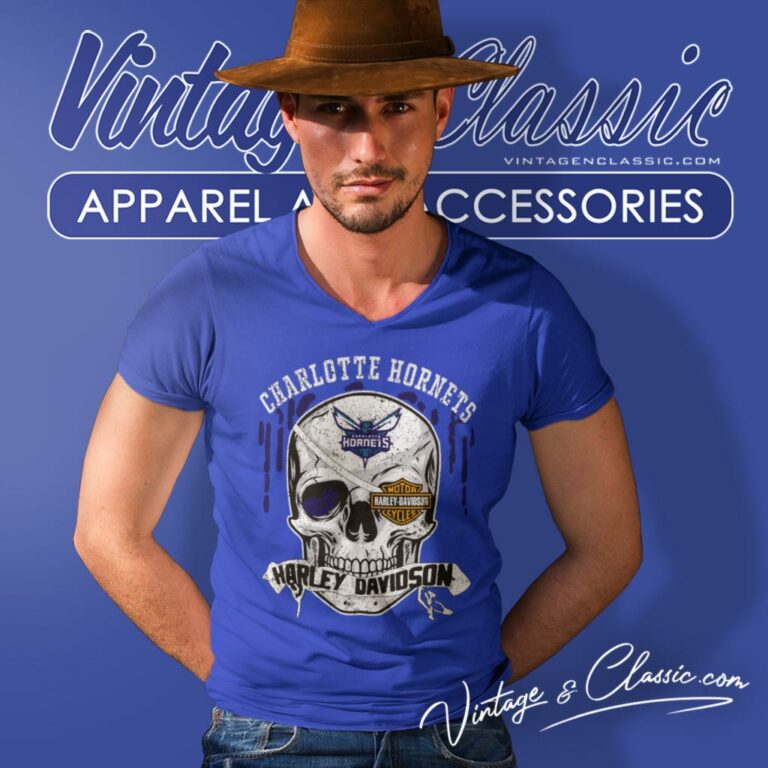 Charlotte Hornets Harley Davidson Skull V Neck TShirt Charlotte Hornets Harley Davidson Skull V Neck TShirt