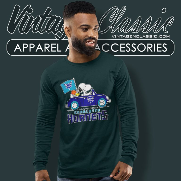Charlotte Hornets Snoopy Driving Car Long Sleeve Tee Charlotte Hornets Snoopy Driving Car Long Sleeve Tee