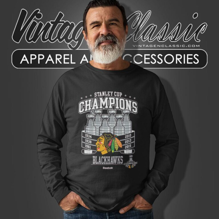 Chicago Blackhawks 2015 Stanley Cup Champs 6x Champions Trophies Long Sleeve Tee Chicago Blackhawks 2015 Stanley Cup Champs 6x Champions Trophies Long Sleeve Tee
