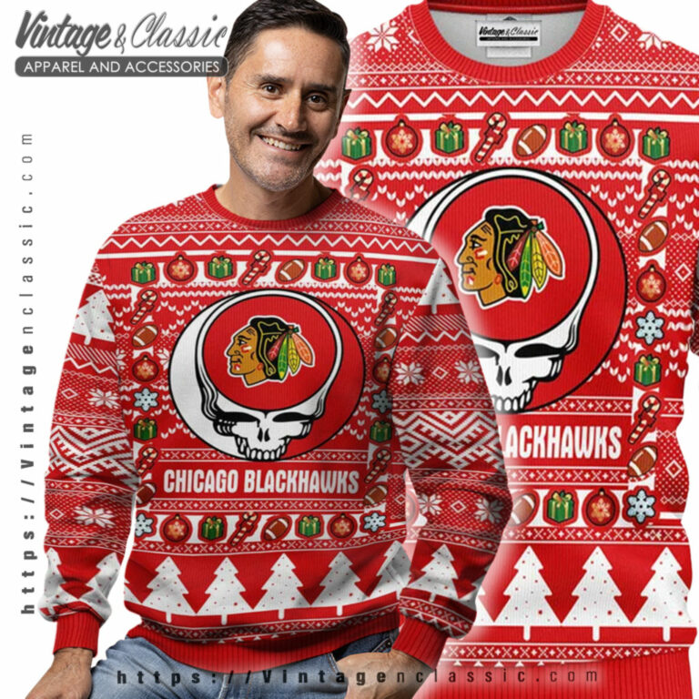 Chicago Blackhawks Grateful Dead Ugly Sweater Men Ugly Sweater Chicago Blackhawks Grateful Dead Ugly Sweater Men Ugly Sweater