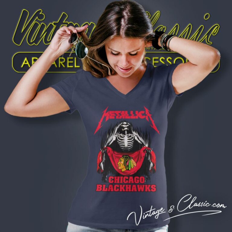 Chicago Blackhawks Skeleton Metallic V Neck TShirt Chicago Blackhawks Skeleton Metallic V Neck TShirt