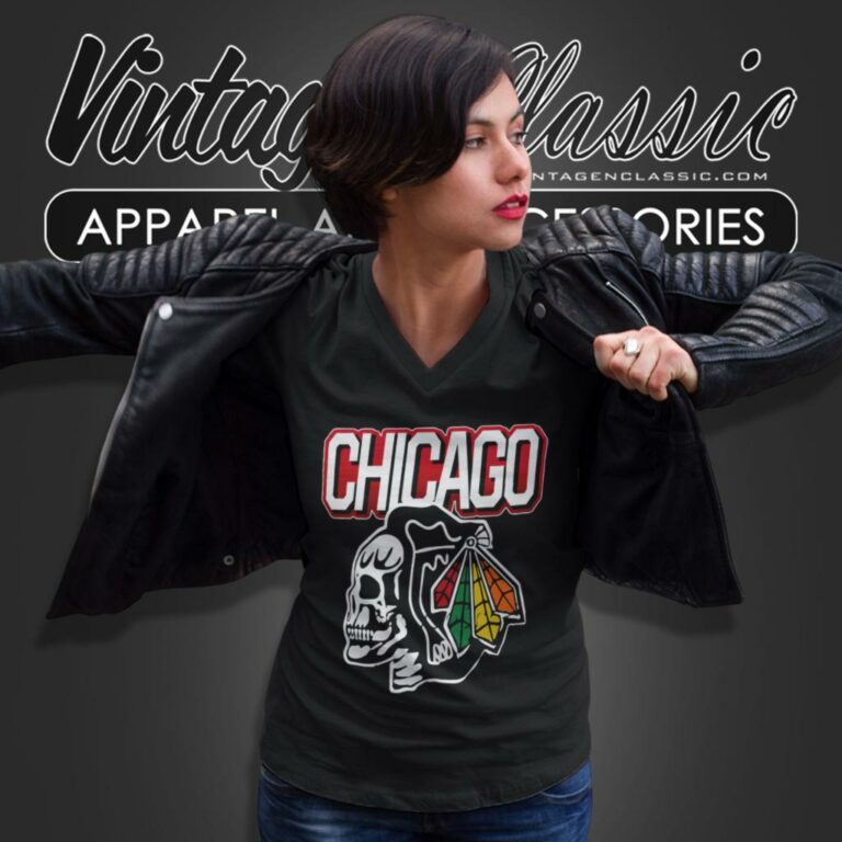 Chicago Blackhawks Skull Retro Nhl V Neck TShirt Chicago Blackhawks Skull Retro Nhl V Neck TShirt