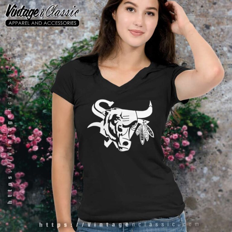 Chicago Bulls Blackhawks Bears Sox Mash Up V Neck TShirt Chicago Bulls Blackhawks Bears Sox Mash Up V Neck TShirt