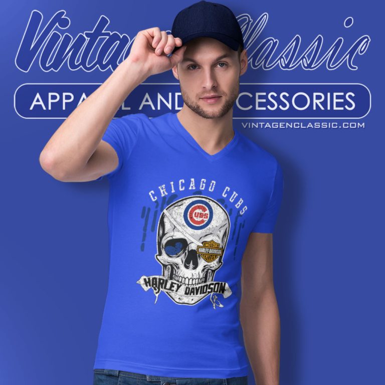 Chicago Cubs Harley Davidson Skull V Neck TShirt Chicago Cubs Harley Davidson Skull V Neck TShirt