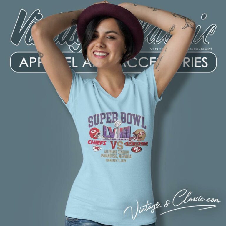 Chiefs Vs 49ers Super Bowl Lviii Allegiant Stadium 2024 V Neck TShirt Chiefs Vs 49ers Super Bowl Lviii Allegiant Stadium 2024 V Neck TShirt