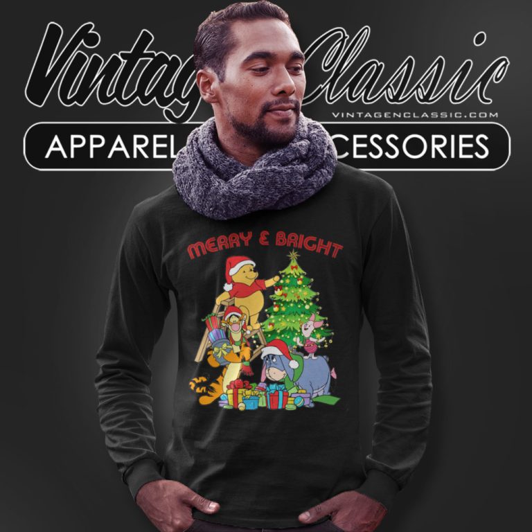 Christmas Pooh Shirt Merry And Bright Long Sleeve Tee Christmas Pooh Shirt Merry And Bright Long Sleeve Tee