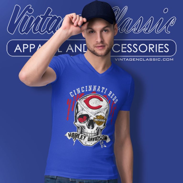 Cincinnati Reds Harley Davidson Skull V Neck TShirt Cincinnati Reds Harley Davidson Skull V Neck TShirt