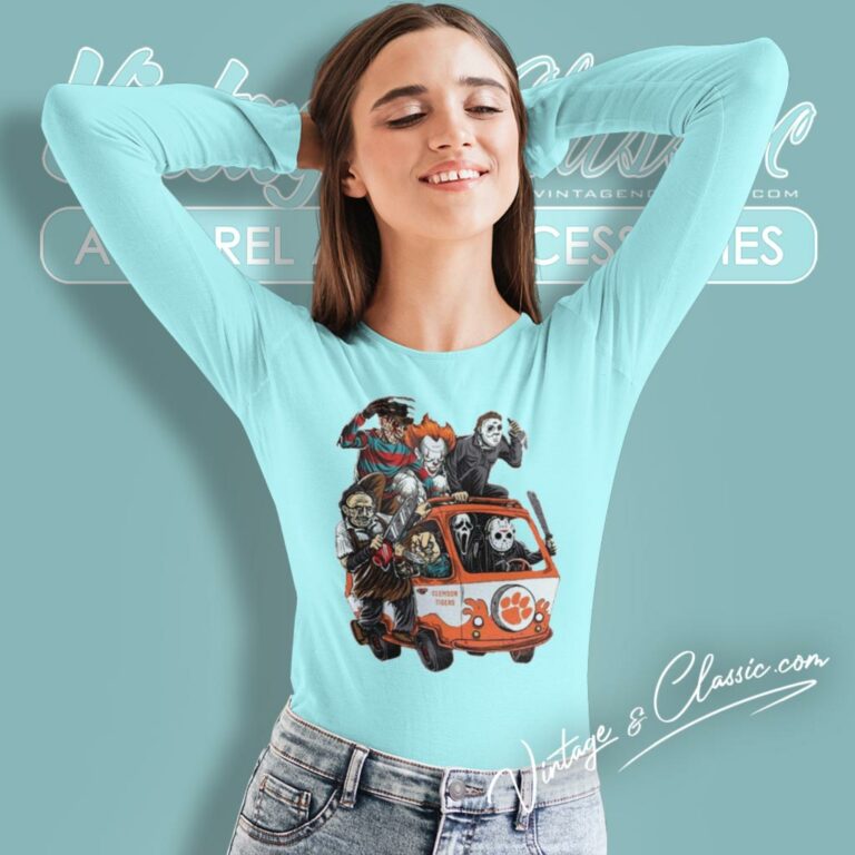 Clemson Tigers Horror Movies Characters Bus Halloween Long Sleeve Tee Clemson Tigers Horror Movies Characters Bus Halloween Long Sleeve Tee