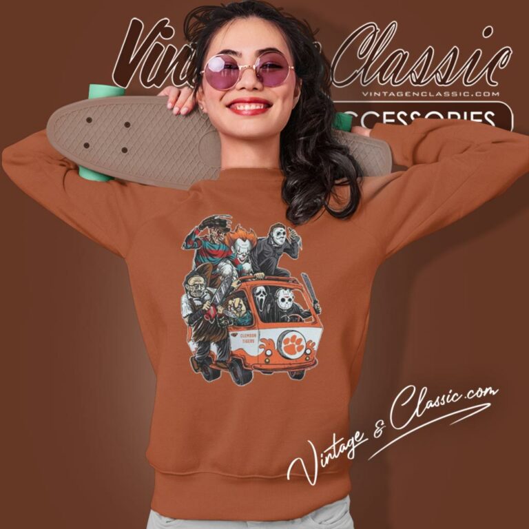 Clemson Tigers Horror Movies Characters Bus Halloween Sweatshirt Clemson Tigers Horror Movies Characters Bus Halloween Sweatshirt