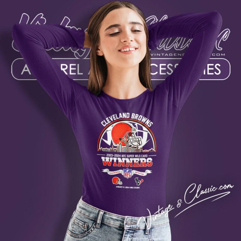 Cleveland Browns 2023 2024 Afc Super Wild Card Winners Skyline Nfl Playoffs Divisional Long Sleeve Tee Cleveland Browns 2023 2024 Afc Super Wild Card Winners Skyline Nfl Playoffs Divisional Long Sleeve Tee
