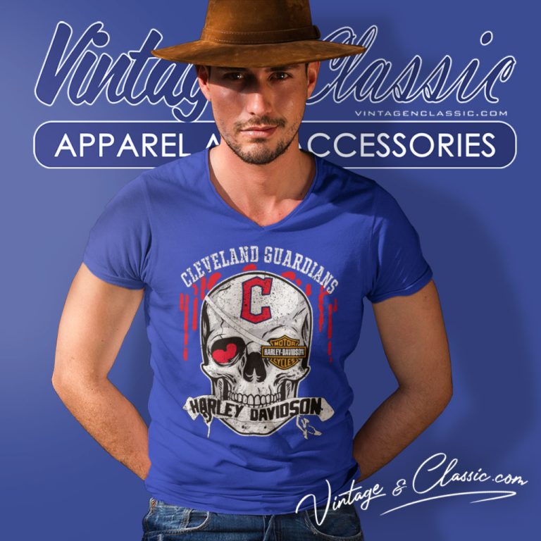 Cleveland Guardians Harley Davidson Skull V Neck TShirt Cleveland Guardians Harley Davidson Skull V Neck TShirt