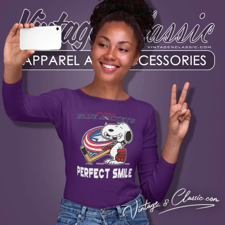 Columbus Blue Jackets Snoopy Perfect Smile Long Sleeve Tee Columbus Blue Jackets Snoopy Perfect Smile Long Sleeve Tee