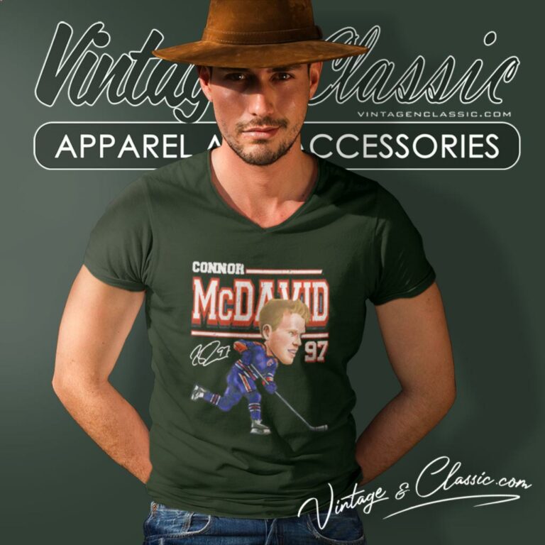 Connor Mcdavid Edmonton Oilers Cartoon Signature V Neck TShirt Connor Mcdavid Edmonton Oilers Cartoon Signature V Neck TShirt