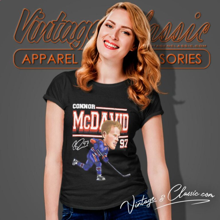 Connor Mcdavid Edmonton Oilers Cartoon Signature Women T Shirt Connor Mcdavid Edmonton Oilers Cartoon Signature Women T Shirt