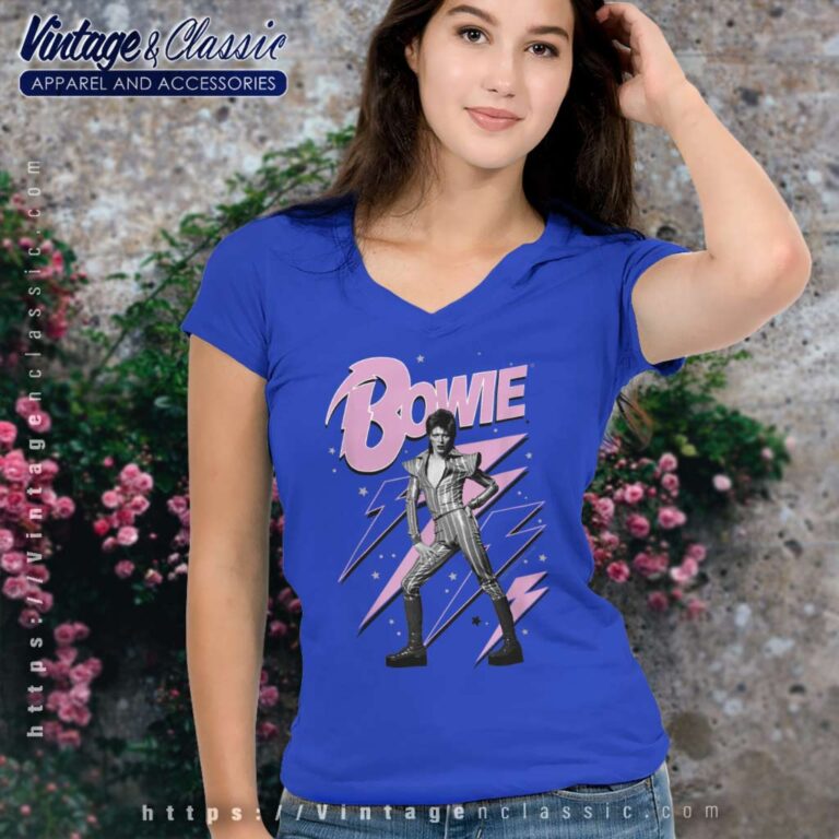 David Bowie Pink Lightning Starman V Neck TShirt David Bowie Pink Lightning Starman V Neck TShirt