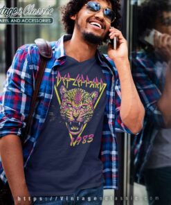 Def Leppard Neon Cat Rolled V Neck TShirt