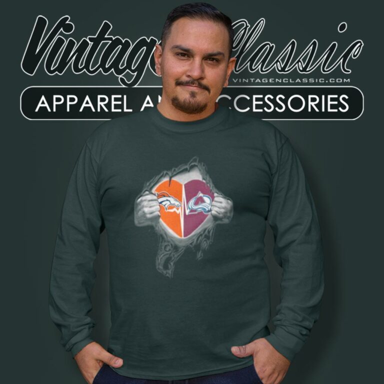 Denver Broncos Colorado Avalanche Inside My Heart Logo Long Sleeve Tee Denver Broncos Colorado Avalanche Inside My Heart Logo Long Sleeve Tee