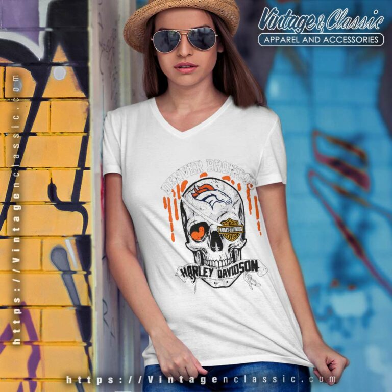 Denver Broncos Harley Daivsion Skull V Neck TShirt Denver Broncos Harley Daivsion Skull V Neck TShirt
