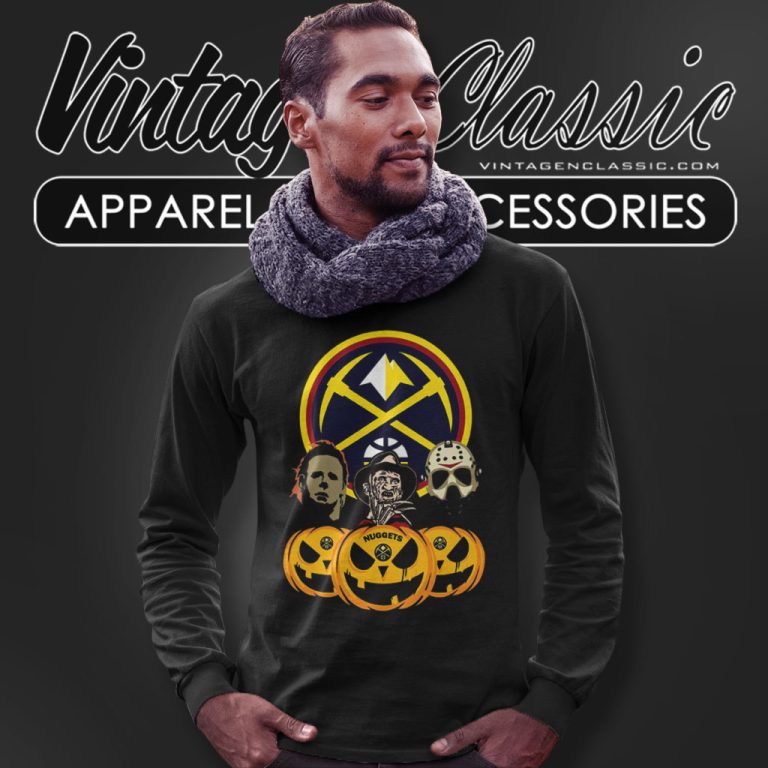 Denver Nugget Freddy Krueger Michael Myers Jason Voorhees Pumpkin Halloween Long Sleeve Tee Denver Nugget Freddy Krueger Michael Myers Jason Voorhees Pumpkin Halloween Long Sleeve Tee