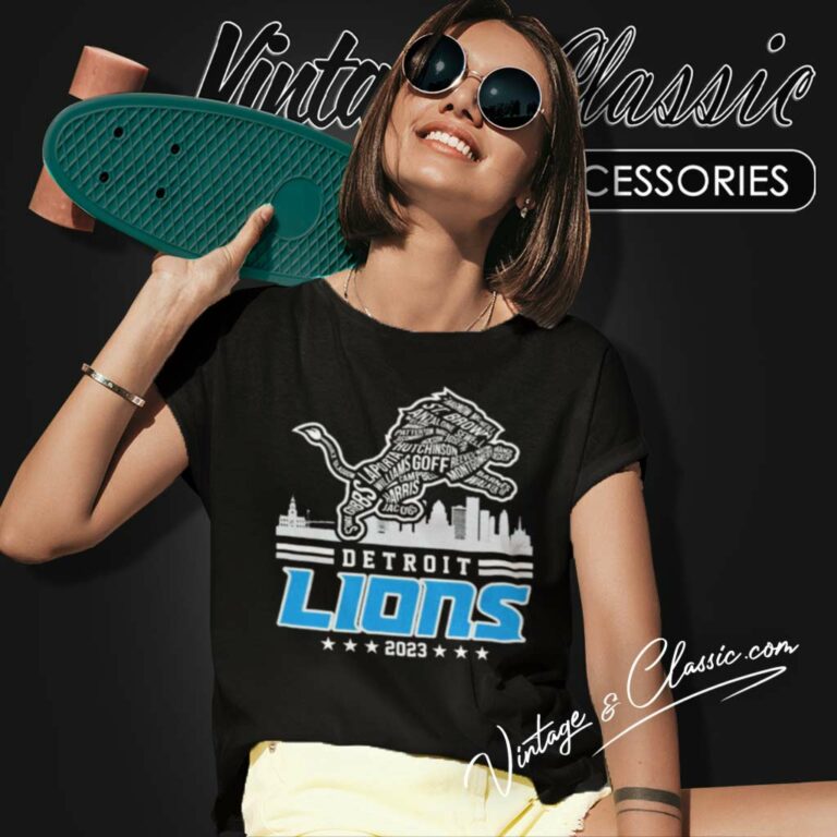 Detroit Lions Logo Players Name Skyline 2023 Women TShirt Detroit Lions Logo Players Name Skyline 2023 Women TShirt