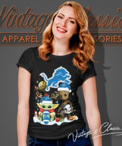 Detroit Lions Shirt Baby Yoda And Groot Santa Christmas Women T Shirt